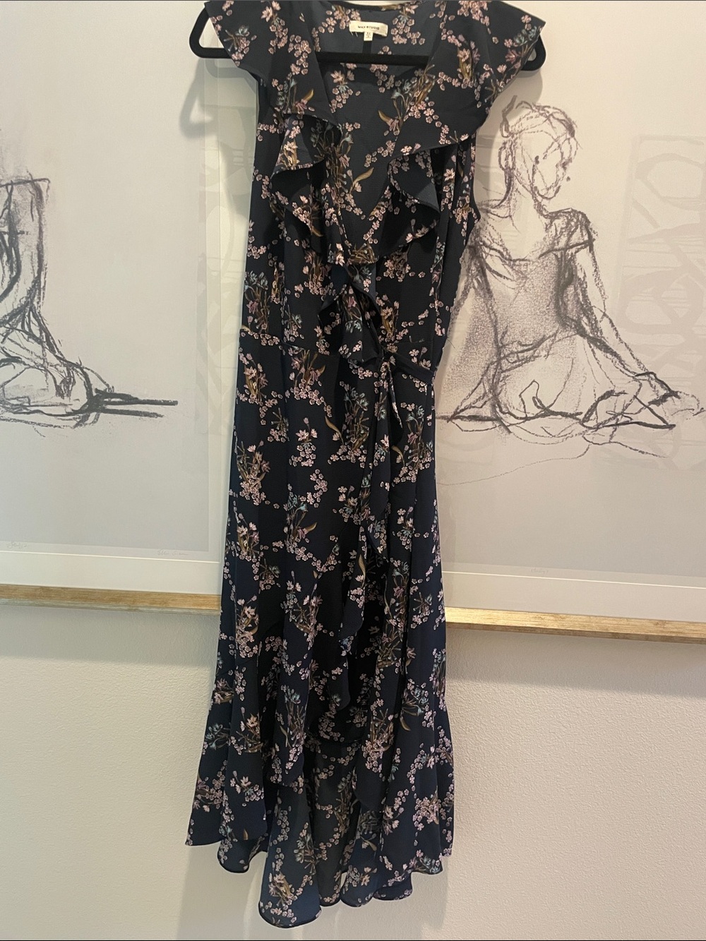 Max Studio Navy High Low Dress with Pink Floral Print